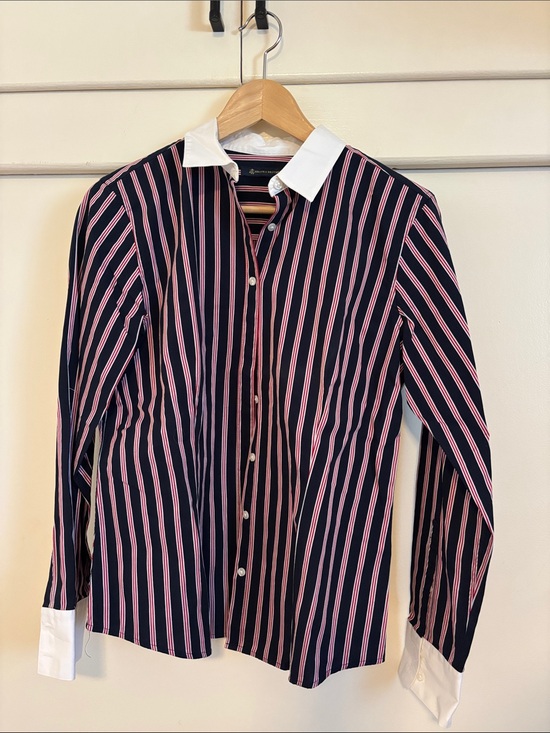 Brooks Brothers Tops - Brooks Brothers Navy and Pink Striped Dress Shirt with White Collar